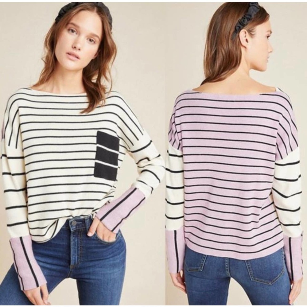 Anthropologie Striped Scoop-Neck Sweater in Cream, Black & Lilac